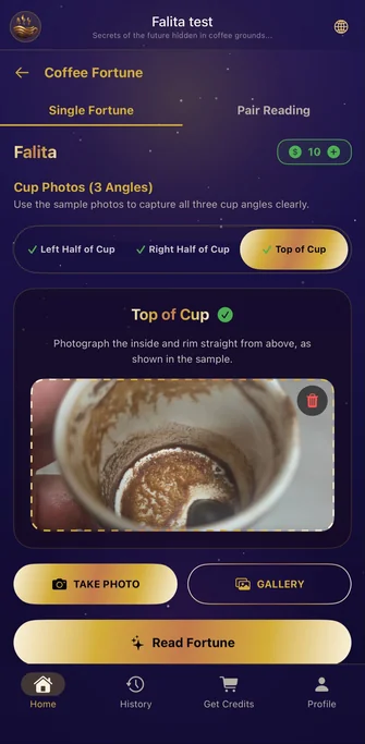 Falita coffee cup reading screen for uploading three photos of a Turkish coffee cup