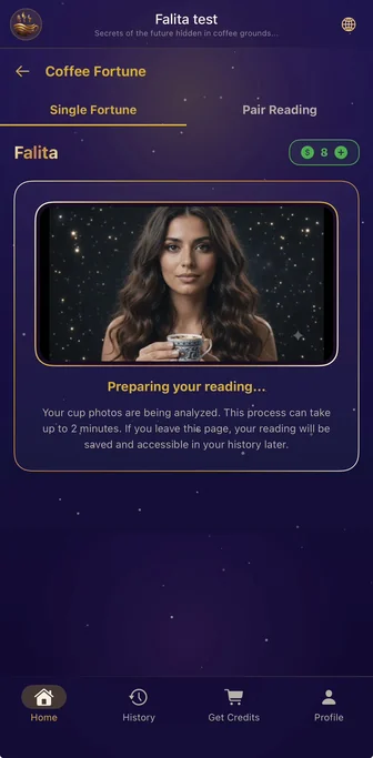 Falita AI preparing a personalized coffee cup reading from uploaded cup photos