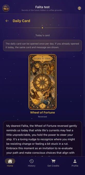 Falita daily tarot card screen showing the Wheel of Fortune interpretation