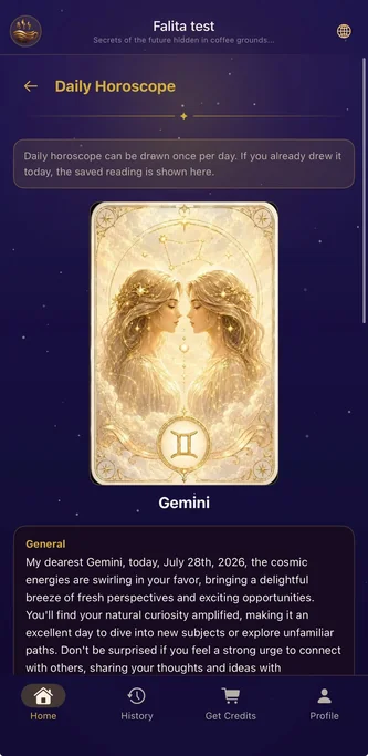 Falita daily horoscope screen showing a Gemini zodiac reading