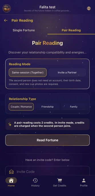 Falita pair reading screen for an AI relationship and compatibility reading