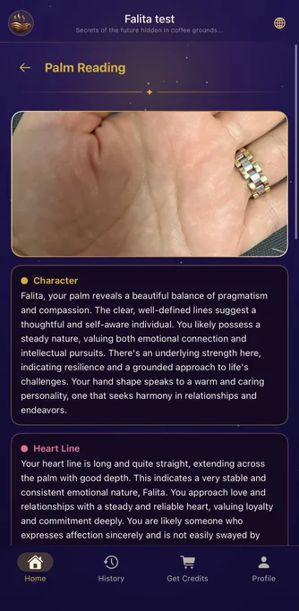 Falita palm reading result explaining character and heart line features