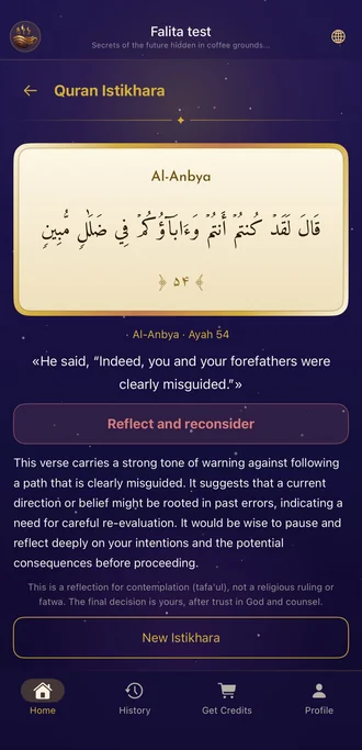 Falita Quran Istikhara guidance screen with verse and reflective interpretation