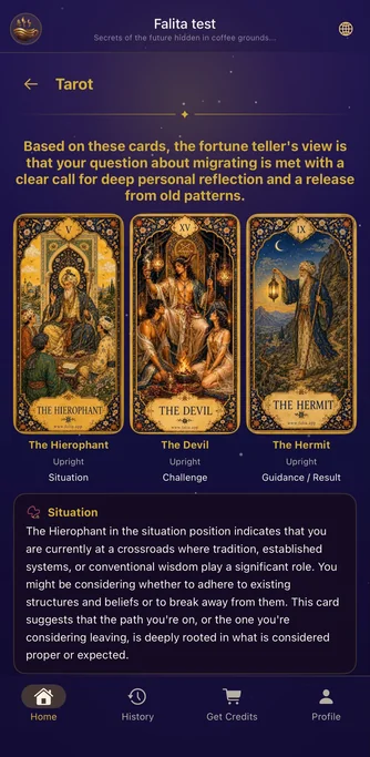 Falita three-card tarot reading with situation, challenge and outcome cards