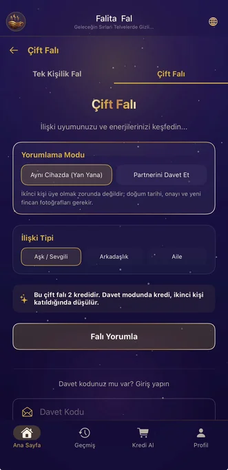 Falita Türkçe çift falı ekranında ilişki uyumu ve okuma seçenekleri