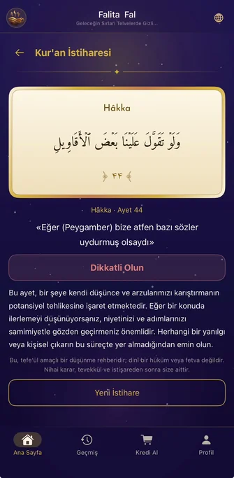 Falita uygulamasında Türkçe Kur’an istihare sonucu ve ayet yorumu