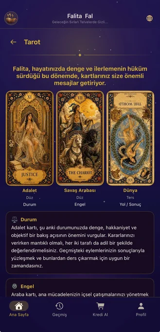 Falita Türkçe üç kart tarot falı sonucu ve kart yorumları
