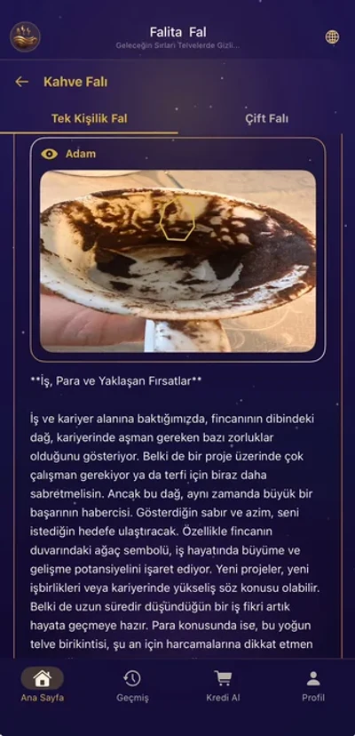 Falita yapay zeka kahve falı uygulamasında kahve telvesi sembolleri