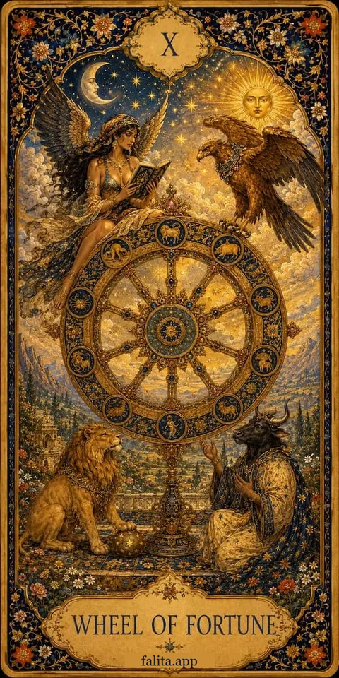 Falita AI tarot reading card meaning: عجلة الحظ