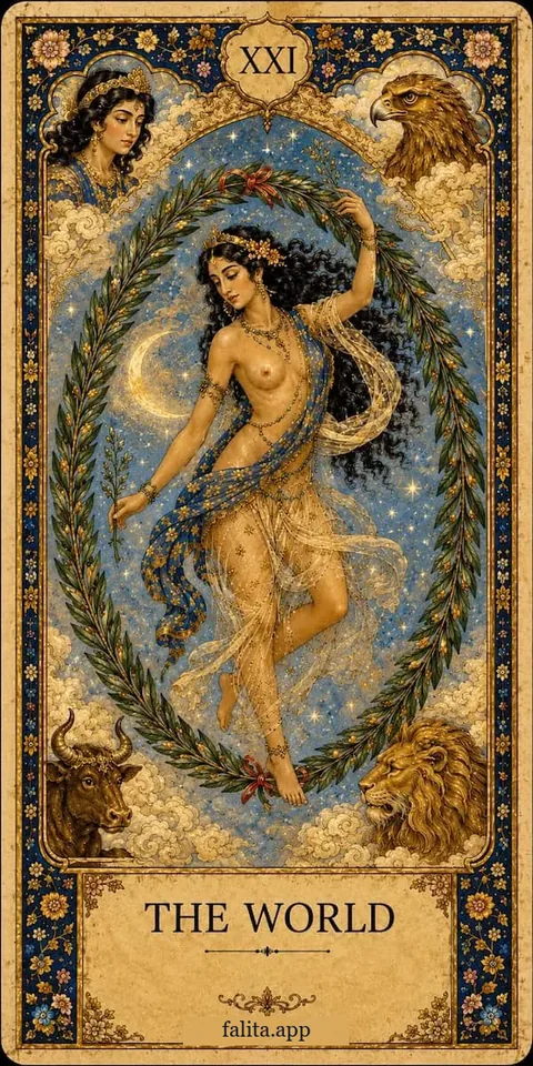 Falita AI tarot reading card meaning: العالم